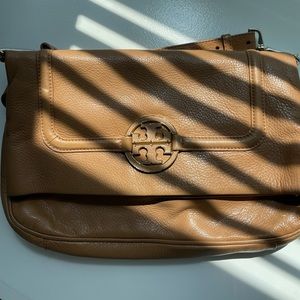 Camel Tory Burch FoldOver Flap Logo Crossbody Purse in very loved condition.